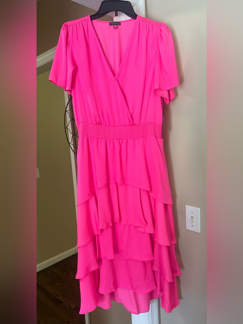 Vince Camuto Hot Pink Tiered Wrap Midi Dress